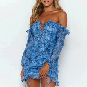 NEW! Blue Mixed Leopard Ruched Lace Up Puff Sleeve Mini Dress